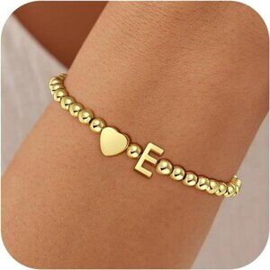 Gold initial bracelet heart charm 18K gold plated beaded bracelet gift for women